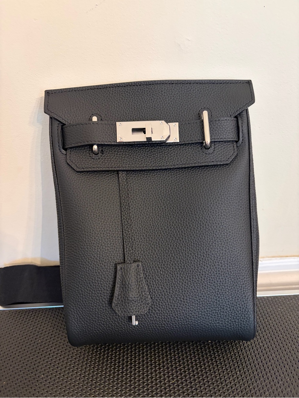 Black Real Leather Men's Crossbody Bag with Silver Hardware